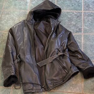 Women’s Black Hooded leather coat